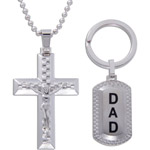 Stainless Steel Cross Crucifix Pendant and Dad Keychain Set