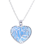 Blue Resin Sterling Silver "Mom" Heart Pendant, 18"